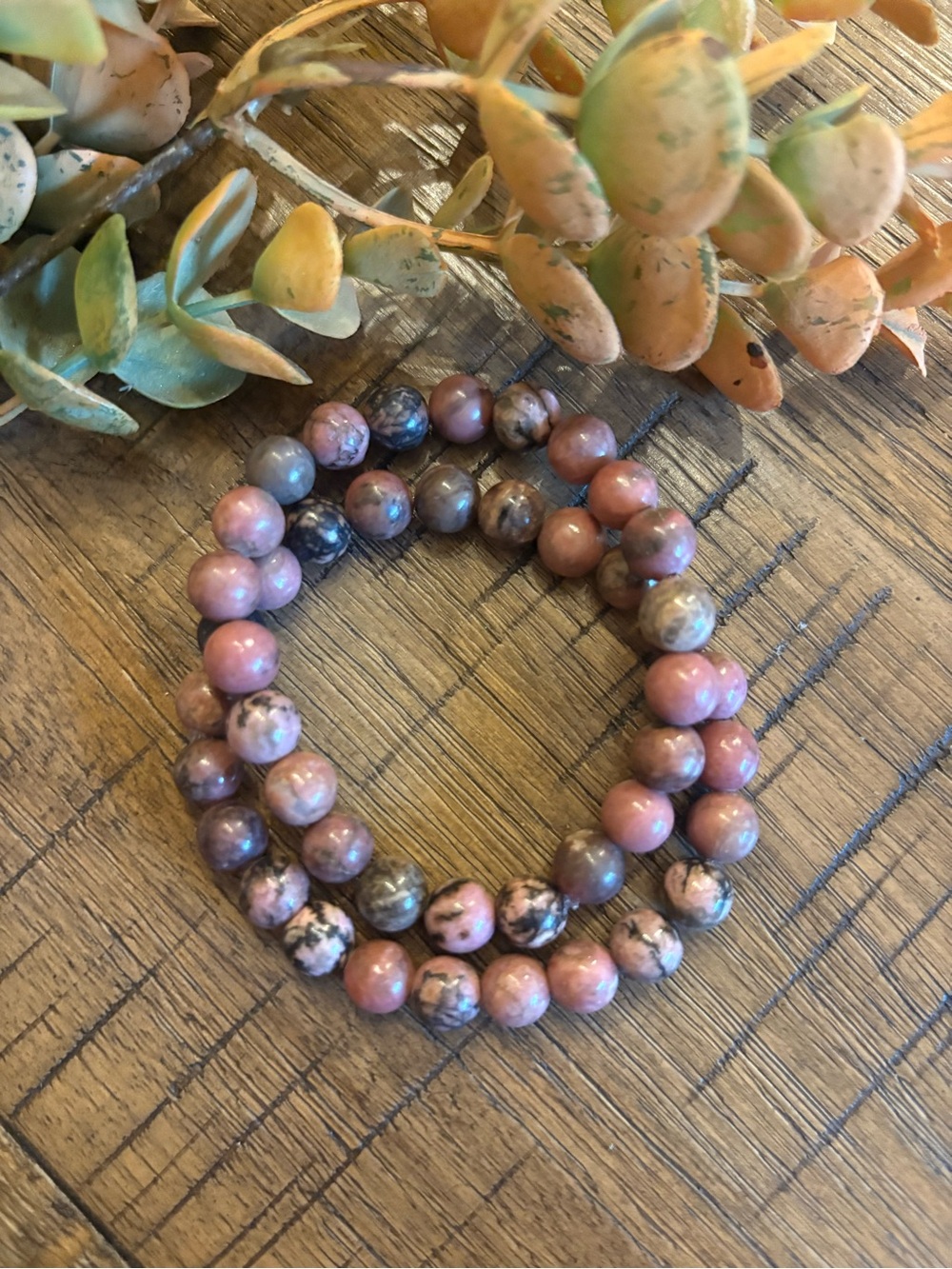Black Veined Natural Rhodonite  Beaded Stretch Bracelet - Pink